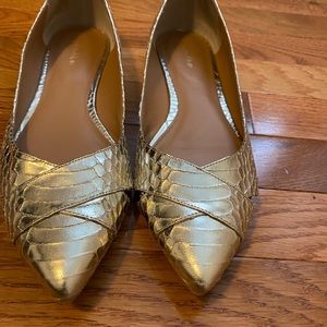 These are a size 9.5 gold metallic pointed toe Calvin Klein flats.
